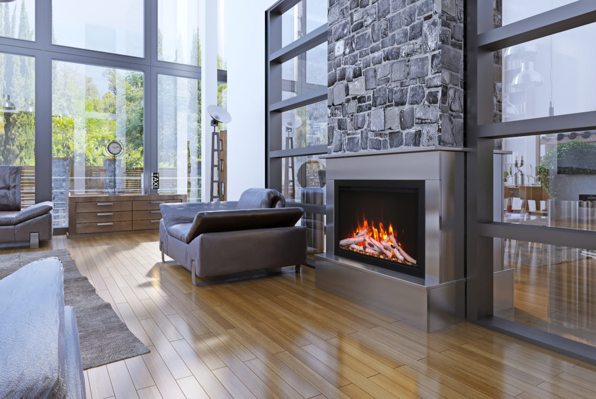 Idea of avant-garde living room with fireplace
